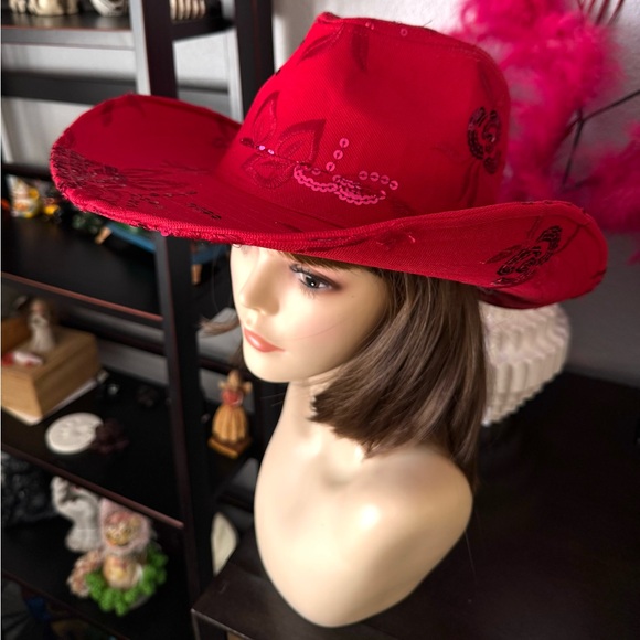 Accessories - Red Sequined Rose Embroidered Cowboy Hat